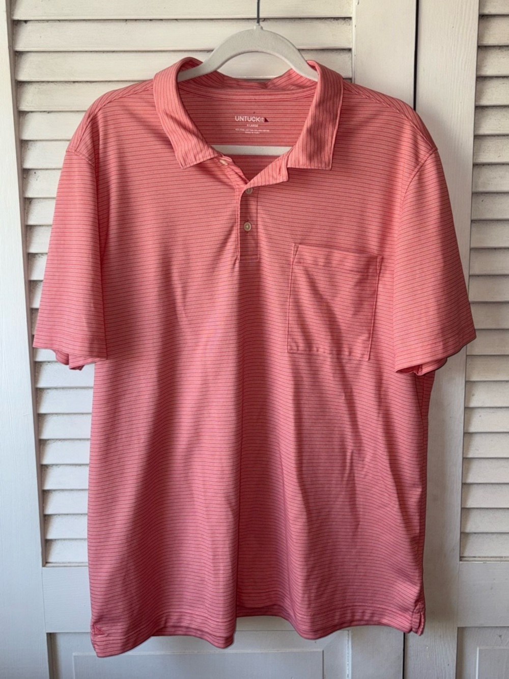 UNTUCKit Polo Shirt XL Pink Striped Short Sleeve Cotton Blend Casual Pocket - Picture 2 of 4